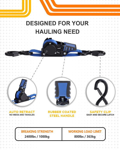 Retractable Ratchet Straps 1 Inch By 4 Foot Heavy Duty Boat Transom Tie Downs Pack Of 2 With 2400 Lbs Breaking Strength features