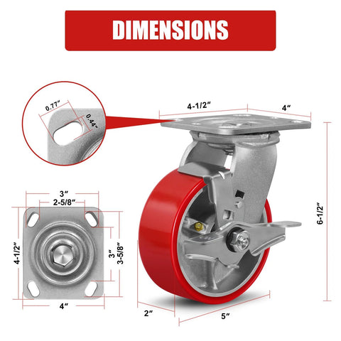5 Inch By 2 Inch Plate Swivel And Brake Caster Wheels Set Of Four Heavy Duty Cast Iron Wheel With Polyurethane Non Marking Red Tread On Steel Hub