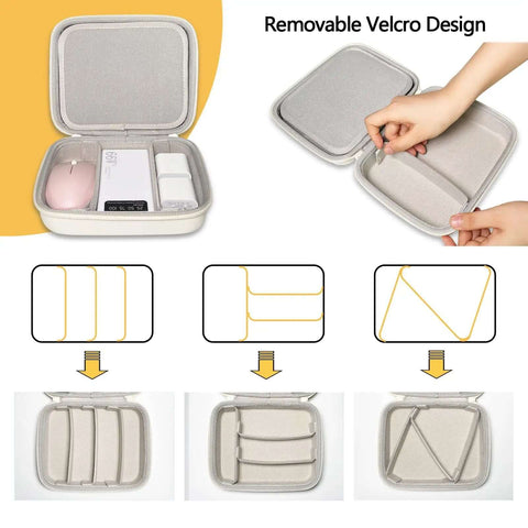 Hard Shell Cable Tech Organizer Travel Case For Power Banks And Portable Chargers featuring removable velcro design, grey interior.