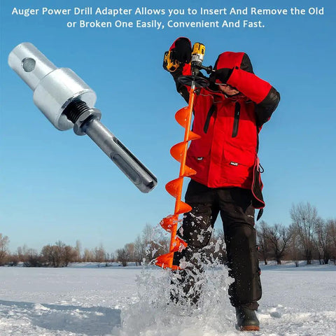 Beefy Auger Drill Adapter For Ice Fishing SDS Plus To One Half Inch Thread Keyless Drill Chuck Adapter with auger in use on ice