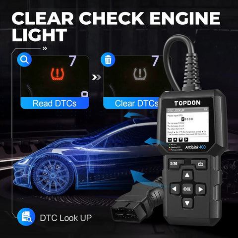 Image of AL400 OBD2 Scanner for Cars and Light Trucks with DTC Lookup feature and clear codes display.