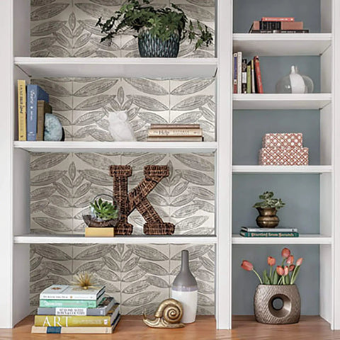 Bookshelf with Grey Terrain Botanical Peel And Stick Wallpaper With Scandinavian Influence, Repositionable, Safe For Walls, NUS3263