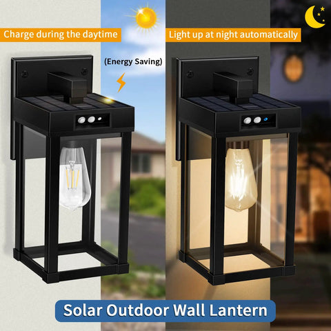 Outdoor Solar Wall Light With Motion Sensor And 3 Lighting Modes Two Bulbs Waterproof Porch Lantern with day-night view