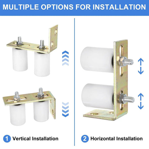 Four Nylon Gate Rollers And Two L Bracket Set For Sliding Doors 2 Inch Dia By 2-3/4 Inch Length 60mm Gate Width Ready Universal Ball Bearing Gate Guider White, shown in vertical and horizontal installation.