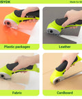 Wisyok Cordless Electric Scissors With 4.2V Rechargeable Battery and Dual Blades cutting plastic, leather, fabric, and cardboard.