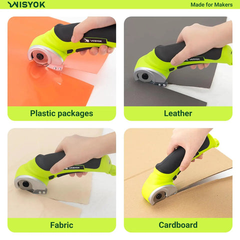 Wisyok Cordless Electric Scissors With 4.2V Rechargeable Battery and Dual Blades cutting plastic, leather, fabric, and cardboard.