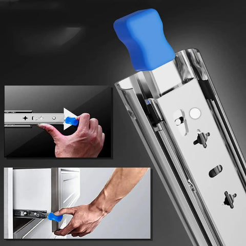 Heavy Duty Side Mount Drawer Slides Double Ball Steel Track Built Tough As Nails With Bidirectional Locking For Bedroom Drawers Slick Action No Drag Real Furniture Workhorse showing installation with hand and blue trigger.
