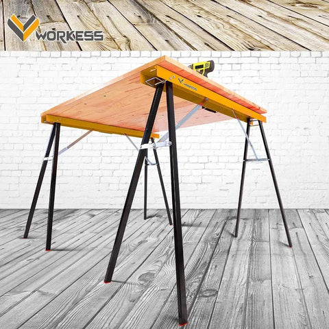 2 Pack Folding Saw Horses Heavy Duty Portable Work Stand That Feels Like A Real Shop Workhorse With 550 Lb Capacity Folding Legs And Easy Carry Handle Ideal For Woodworking Miter Saw Projects DIY Jobs in workshop setup