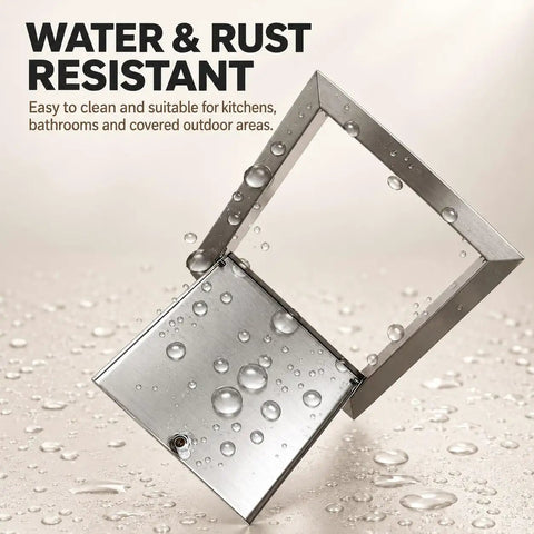 Built Tough Stainless Steel Drywall Access Door 28 By 28 Inch Wall Cutout showing water and rust-resistant features.