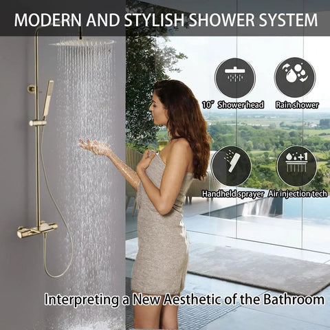 Rain Shower System with 10" Rainfall Head & Thermostatic Faucet, Wall Mounted Brass Shower Set with Handheld in use.