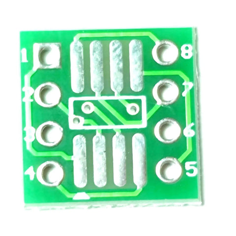 SOP8 To DIP8 PCB Adapter Kit With FR4 Prototyping Board showing double-sided gold-plated pins and pin layout, top view