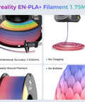 Rainbow PLA Plus 1.75mm 3D Printer Filament Multicolor With Strong Toughness And Precise Dimensional Accuracy Tolerance 0.03mm PLA Pro For Most 3D Printers 1kg Spool shown with precise measurement and printing benefits.