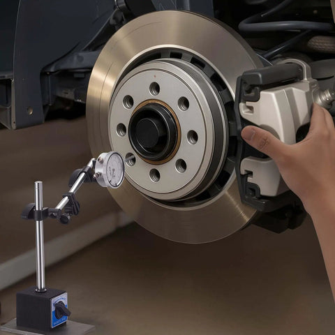 Dial Test Indicator With Dual Rod Stand And Storage Case, 0.001 Inch Accuracy, in use on brake rotor for precision measurement