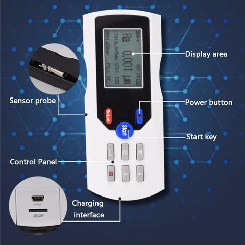 Handheld Surface Roughness Tester With Diamond Probe, Digital Profilometer For Metal Surfaces, 0.001μm Precision, 160μm Range, Rechargeable With LCD Display, Quick Readouts For Pro Level Machining And Quality Control, front view