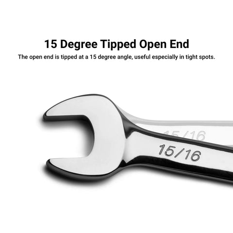 Close-up of Three Quarters Inch Combination Wrench Twelve Point SAE, showing 15-degree tipped open end for high torque in tight spaces.