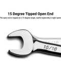 One And Three Sixteenths Inch 12 Point Combination Wrench SAE Built For High Torque Leverage With A Longer Handle Chrome Vanadium Forged, 15 Degree Tipped Open End