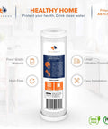 5 Micron 10 X 2.5 Carbon Block Water Filter Cartridge CTO standing in kitchen environment with labeled features and health benefits.