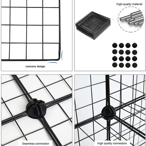 Close-up of Wire Cube Storage Organizer For Home And Office, 12 Cube Metal Grid Shelving System components and connectors, black.