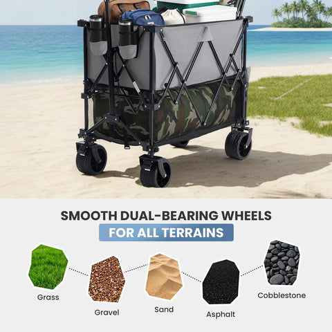 Heavy Duty Double Decker Workhorse Wagon With 54 Inch Extender And 400L Collapsible Design All Terrain 7 Inch Braked Wheels on sand
