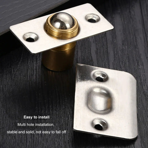 Solid Brass Closet Door Ball Catch Latch Set With Rust Resistant Stainless Steel Finish showing magnetic latch and backplate.