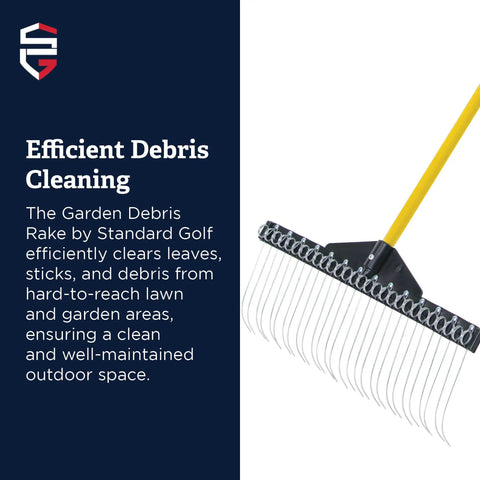 All Purpose Garden Landscape Rake With 21 Inch Head And 47 Inch Lightweight Wood Handle shown with metal tines and yellow handle