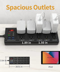 Heavy Duty Power Strip Surge Protector With 10 Wide Outlets And 4 USB Ports, showing plugged-in devices, flat plug, black color