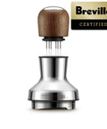Pro 58 Mm Espresso Powder Distributor With Tough Walnut Handle And Stainless Steel Tines, designed for even coffee grounds.