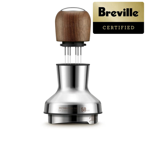 Pro 58 Mm Espresso Powder Distributor With Tough Walnut Handle And Stainless Steel Tines, designed for even coffee grounds.