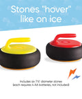 Indoor Hovering Curling Set stones with yellow and red handles for family fun game, featuring six floating stones.