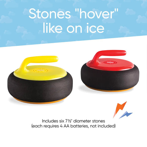 Indoor Hovering Curling Set stones with yellow and red handles for family fun game, featuring six floating stones.