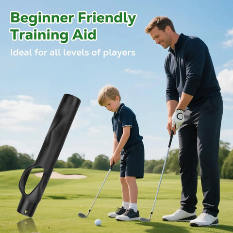Father and son using Two Pack Golf Grip Trainer Aids For Proper Hand Position And Muscle Memory Practice Tool on golf course.