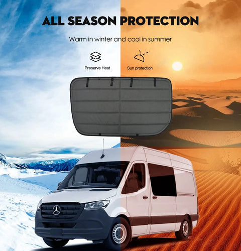 Olive Gray Four Season Sliding Door Window Cover For Mercedes Benz Sprinter Vans 2007 Through 2022 Insulated Thermal Shield displayed.