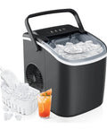 Slick Countertop Ice Maker That Whips Up Fast Six Minute Frozen Cubes While Dropping A Solid 25 Pounds Each Day Featuring Smooth Self Cleaning Tech For Your Home Kitchen Vibes with clear cubes and ice scoop.