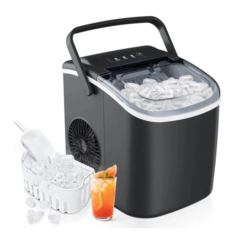 Slick Countertop Ice Maker That Whips Up Fast Six Minute Frozen Cubes While Dropping A Solid 25 Pounds Each Day Featuring Smooth Self Cleaning Tech For Your Home Kitchen Vibes with clear cubes and ice scoop.