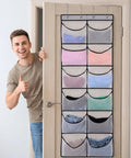 Over The Door Pocket Organizer With 12 Roomy Mesh Pockets And Heavy Duty Hooks stores hoodies shoes, mounted on a door.