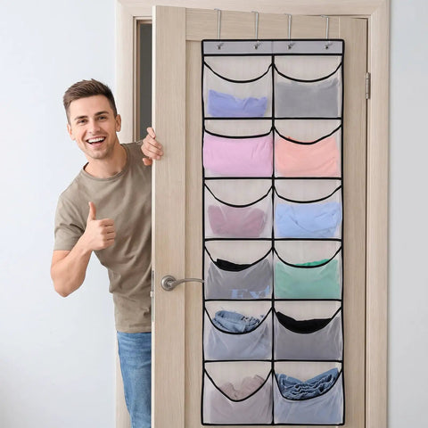 Over The Door Pocket Organizer With 12 Roomy Mesh Pockets And Heavy Duty Hooks stores hoodies shoes, mounted on a door.