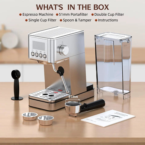 Premium Espresso Maker With Solid 20 Bar Pump And Quick Milk Frother For Silky Lattes Or Cold Brew Featuring Compact Stainless Steel Housing and accessories.