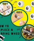 Guide to replace fingerboard bearing wheel with eight piece fingerboard bearing wheels and tool kit for 34mm decks.