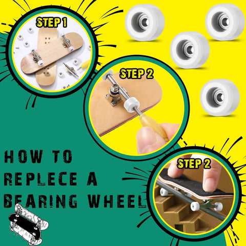Guide to replace fingerboard bearing wheel with eight piece fingerboard bearing wheels and tool kit for 34mm decks.