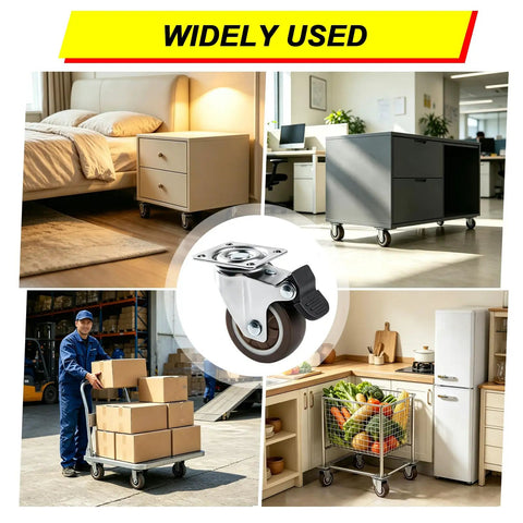 Heavy Duty 1.5 Inch Swivel Caster Wheels Featuring Lockable Rubber Tread And Screw In Mount on furniture and carts in various settings.