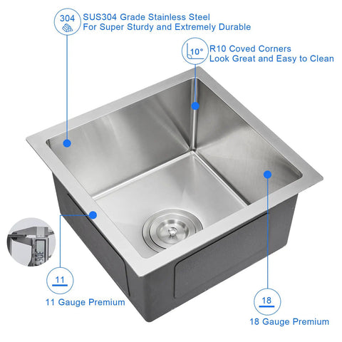 Undermount Bar Sink 15 x 15 Inch Single Bowl Stainless Steel Handcrafted Kitchen Sink For Small Bars And Apartments, top view.