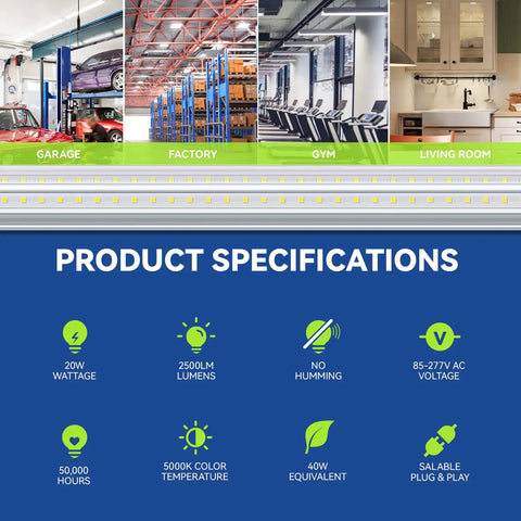 Product specifications for 2 Foot V Shaped LED Shop Light 5000K 20W 2500lm Daylight, showcasing uses in garage, factory, gym, living room.