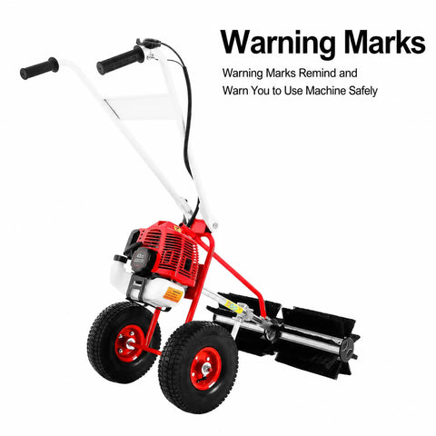 43cc Gas Walk Behind Push Sweeper For Outdoor Debris Cleanup. Features Wide 23 Inch Sweeping Path And Rolling Brush Brooms To Quickly Clear Leaves Grass Litter From Driveways Patios And Large Yards With Reliable Two Stroke Engine Power