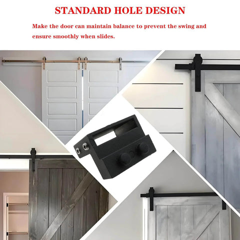 Two Pack Barn Door Stopper Set For Top Track And Roller Doors Heavy Duty Aluminum Alloy Construction With Black Powder Coat And Rubber Cladding For Quiet Operation Includes Hex Wrench Fits Track Width About 1.57 Inches And Thickness 0.24 Inches illustrated in use on various barn doors.