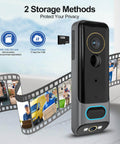 Wireless Video Doorbell With Dual Cams Front Door Security Cam And Ground View Includes Chime No Monthly Fee 2K HDR Night Vision Easy App Setup Real Time Alerts For Modern Home Security, showing two storage methods indication with filmstrip and SD card insert.
