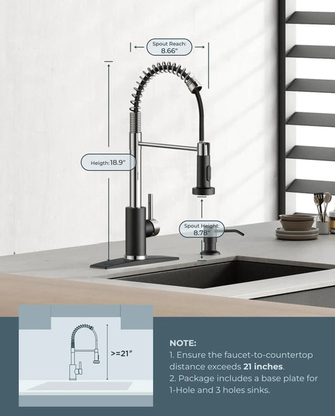 Pull Down Sprayer Kitchen Faucet, Stainless Steel, Commercial Grade, single handle, classic spring design in black chrome, on counter