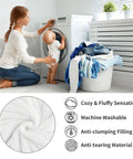 Super Cozy Pickup Truck Blanket Throw Ultra Soft Flannel next to washing machine with laundry basket, machine washable icons