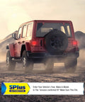 Red SUV on rocky terrain, rear view with spare tire, text overlay for 5Plus Automotive part fit confirmation.
