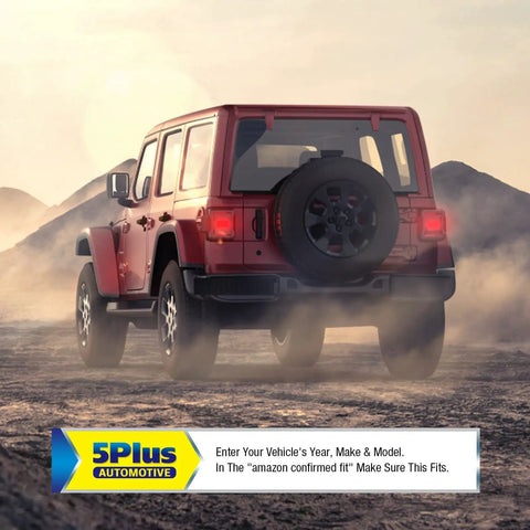 Red SUV on rocky terrain, rear view with spare tire, text overlay for 5Plus Automotive part fit confirmation.