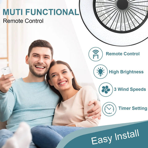 Remote LED Ceiling Fan With 30W Power, 18 Inch Small Flush Mount, remote control features with starry sky lampshade